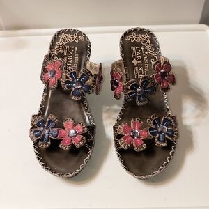 L'Artiste Spring Step Floral Wedge Sandals Size 38 Brown Leather Applique Boho